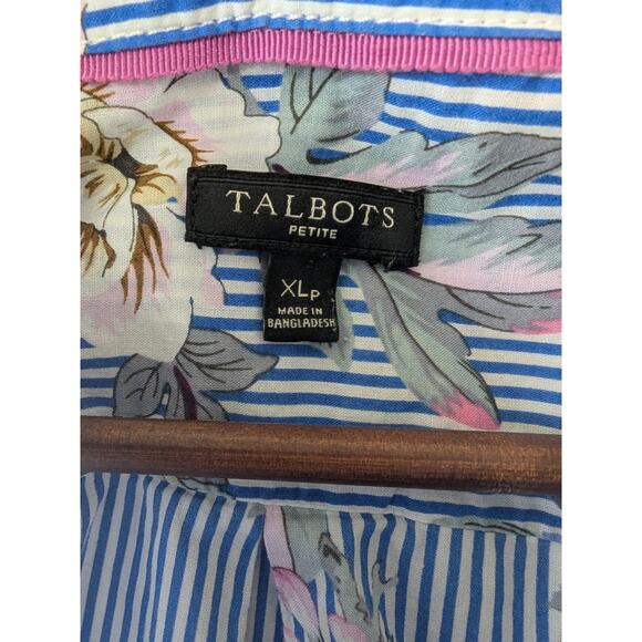Talbots Womens Blue Spring Floral‎ Stripe Pop Over Blouse Size XLP Long Sleeves - Picture 3 of 6
